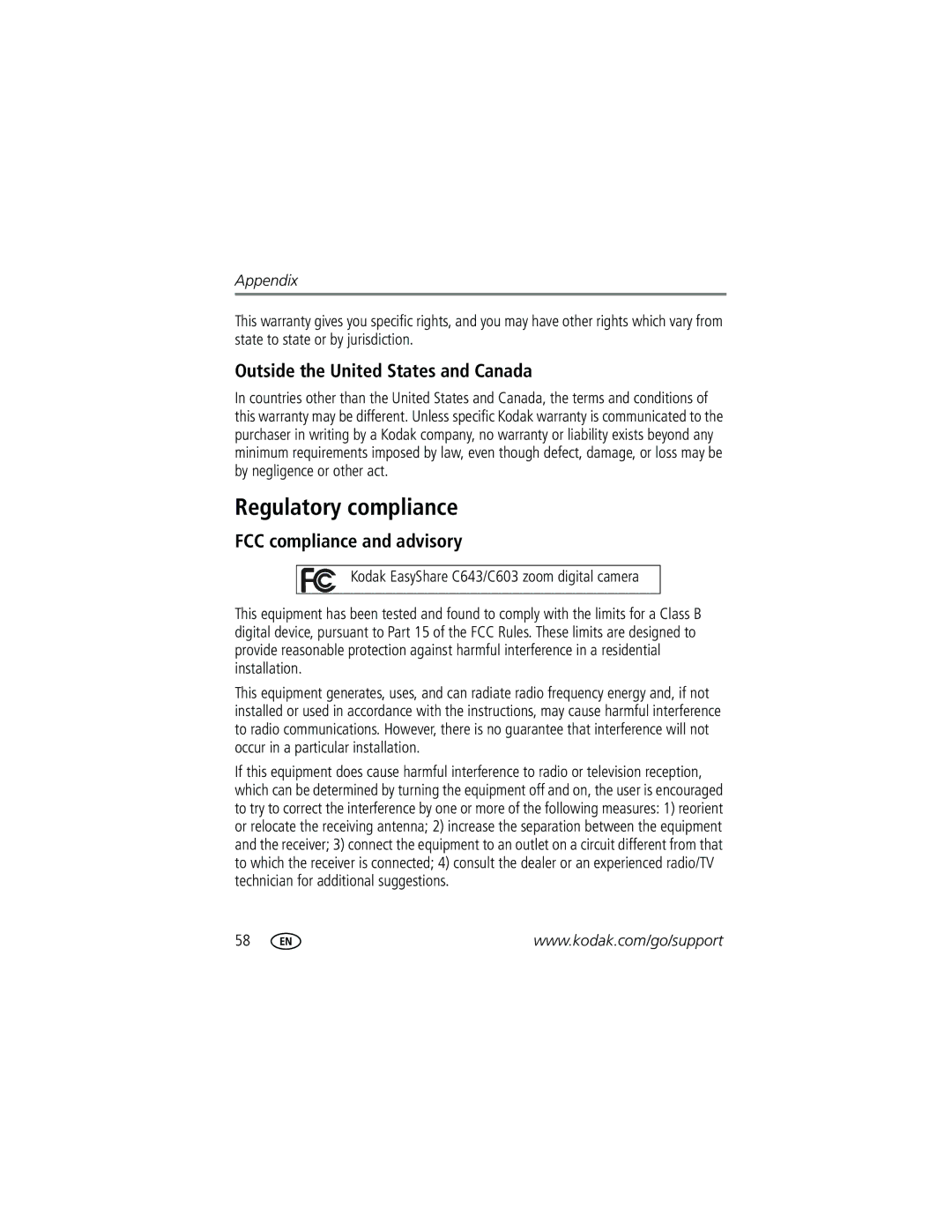 Kodak C603 manual Regulatory compliance, Outside the United States and Canada, FCC compliance and advisory 