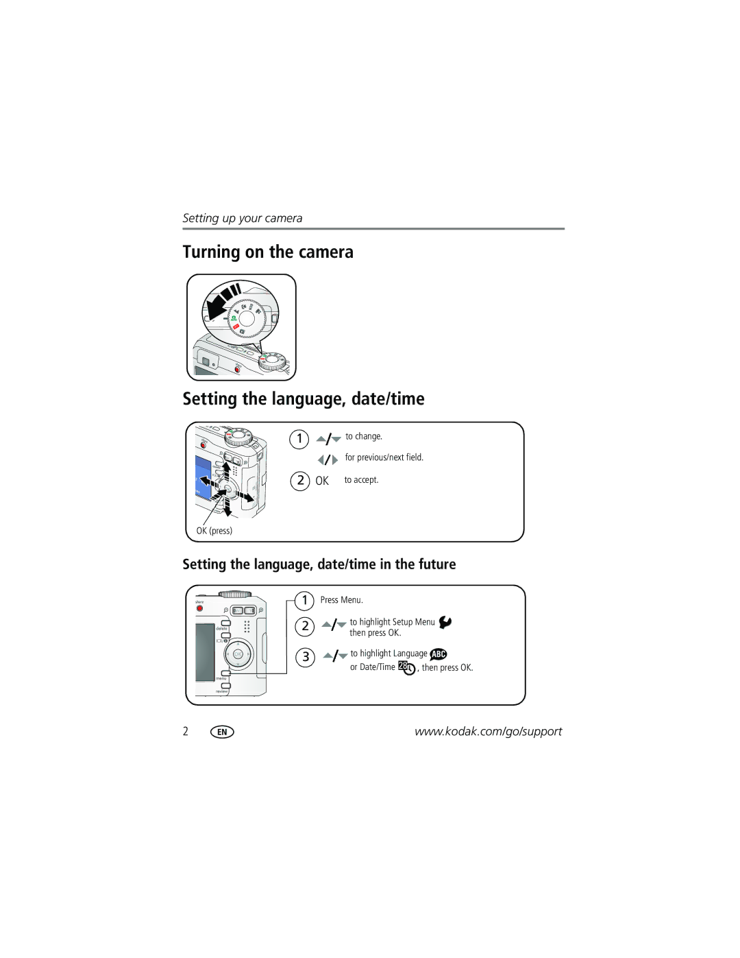 Kodak C603 manual Turning on the camera Setting the language, date/time, Setting the language, date/time in the future 