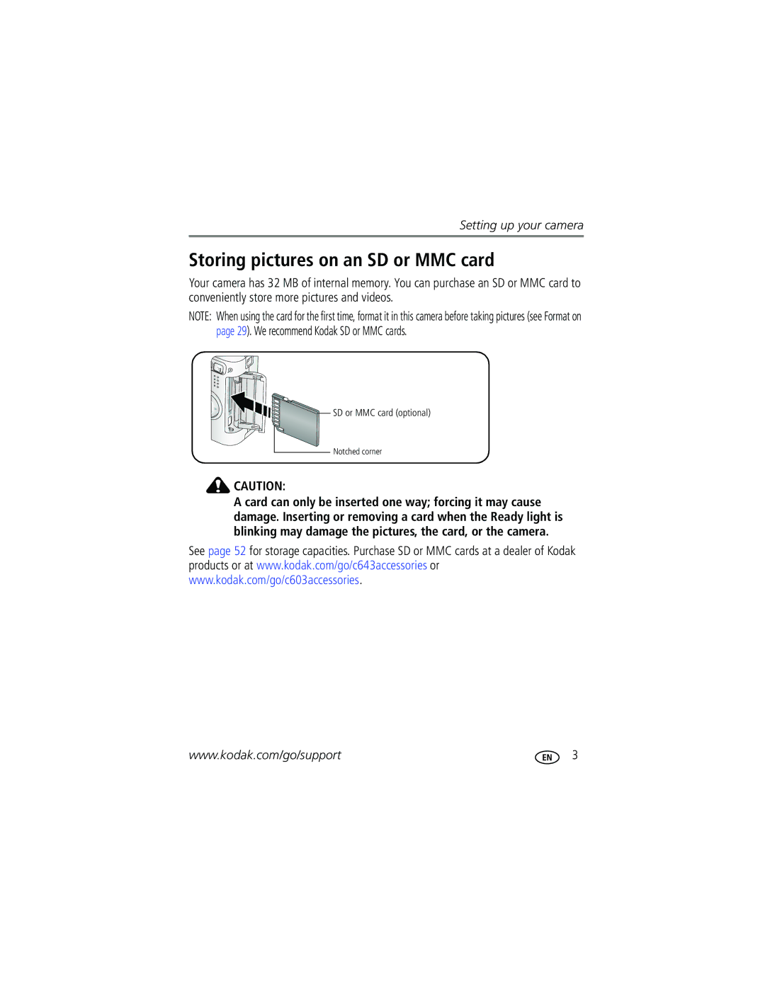 Kodak C603 manual Storing pictures on an SD or MMC card 