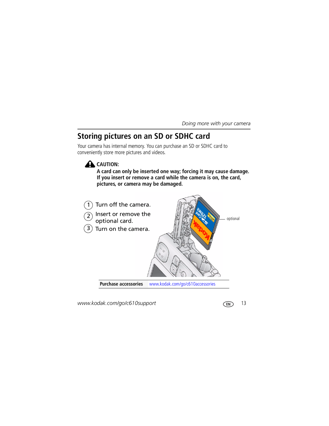 Kodak C610 manual Storing pictures on an SD or Sdhc card 