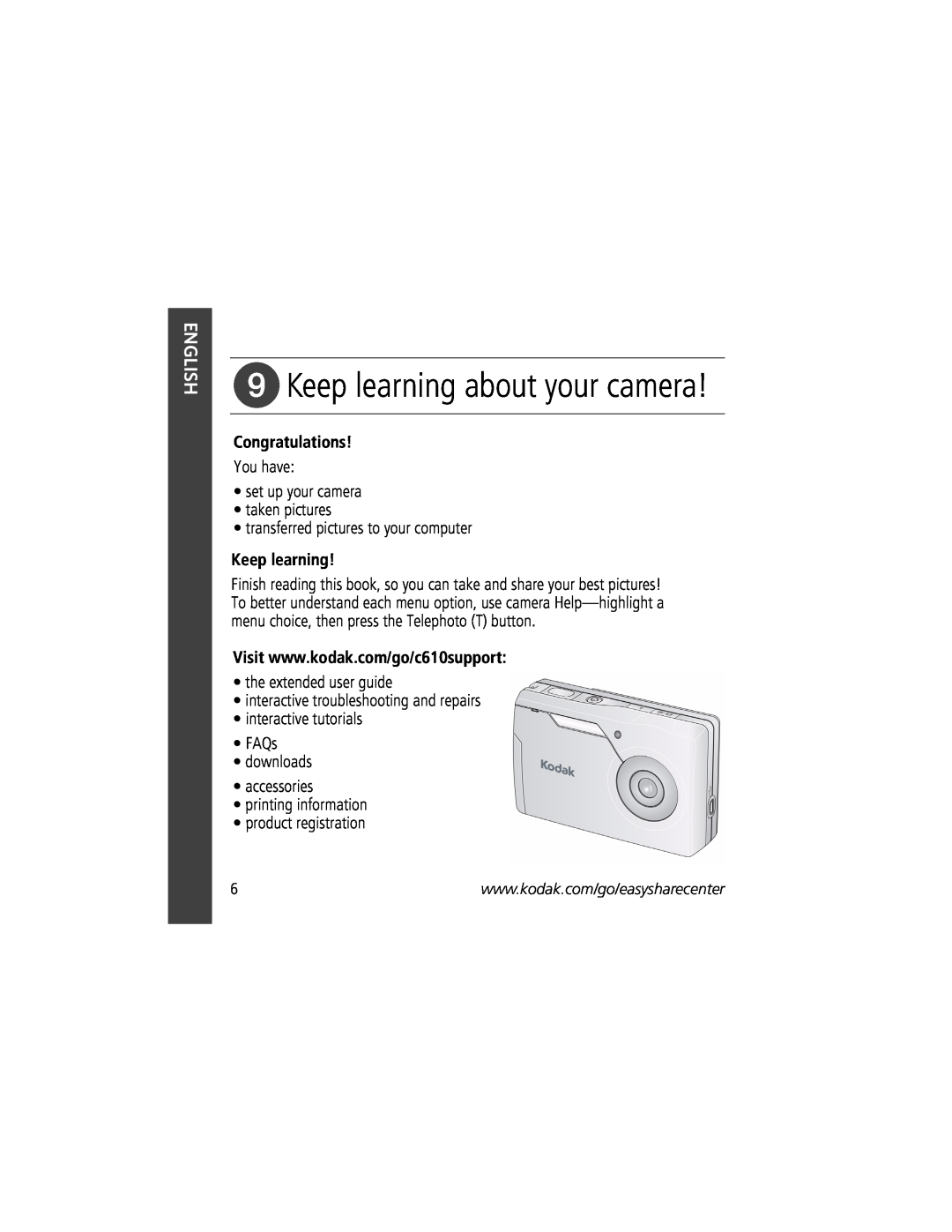 Kodak C610 manual Keep learning about your camera, English, Congratulations 