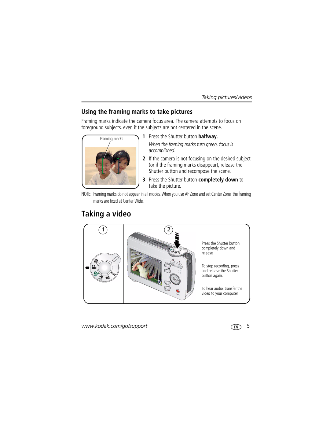 Kodak C613 manual Taking a video, Using the framing marks to take pictures, Press the Shutter button halfway 