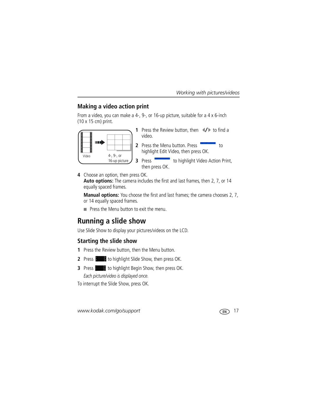 Kodak C613 manual Running a slide show, Making a video action print, Starting the slide show 