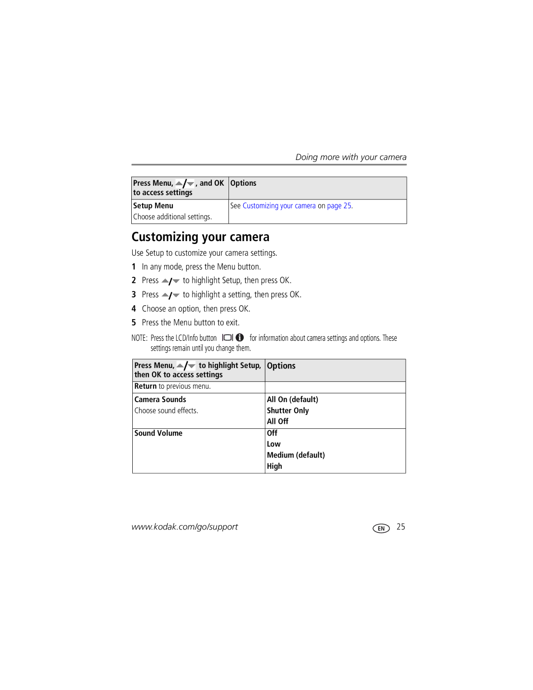 Kodak C613 manual Customizing your camera, Options 