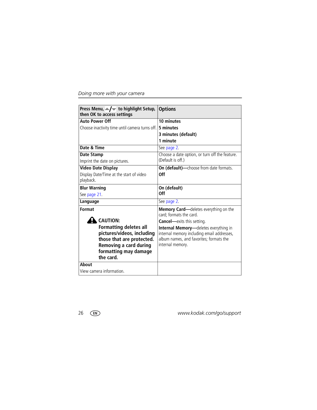 Kodak C613 Settings Auto Power Off Minutes, Minutes default, Date & Time, Date Stamp, Playback Blur Warning On default 