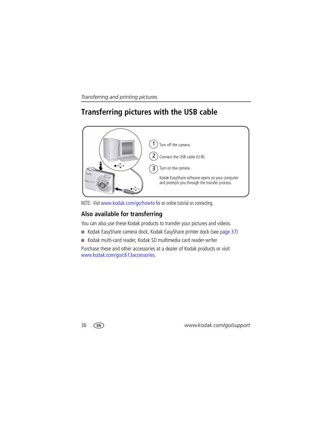 Kodak C613 manual Transferring pictures with the USB cable, Also available for transferring 