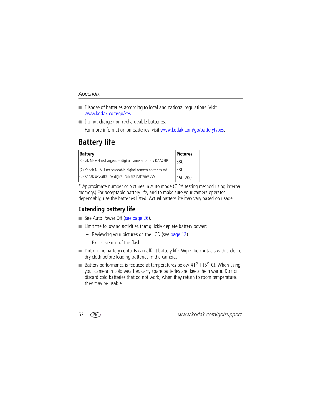 Kodak C613 manual Battery life, Extending battery life, Do not charge non-rechargeable batteries, Battery Pictures 