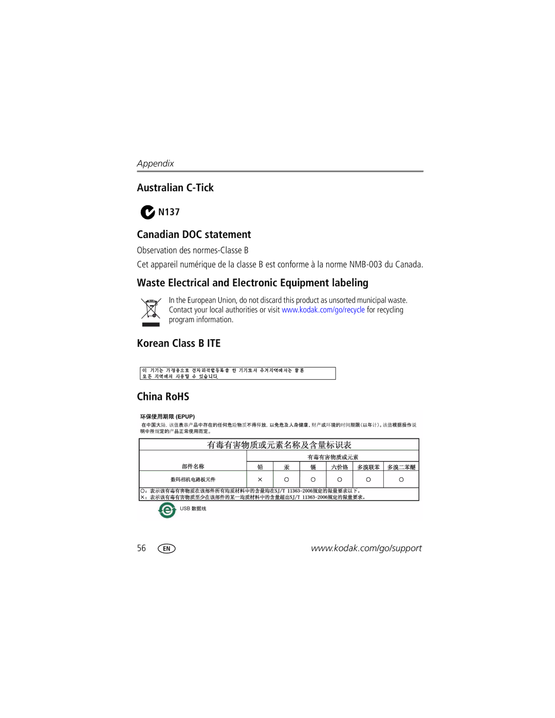 Kodak C613 manual Australian C-Tick, Canadian DOC statement, N137, Observation des normes-Classe B 