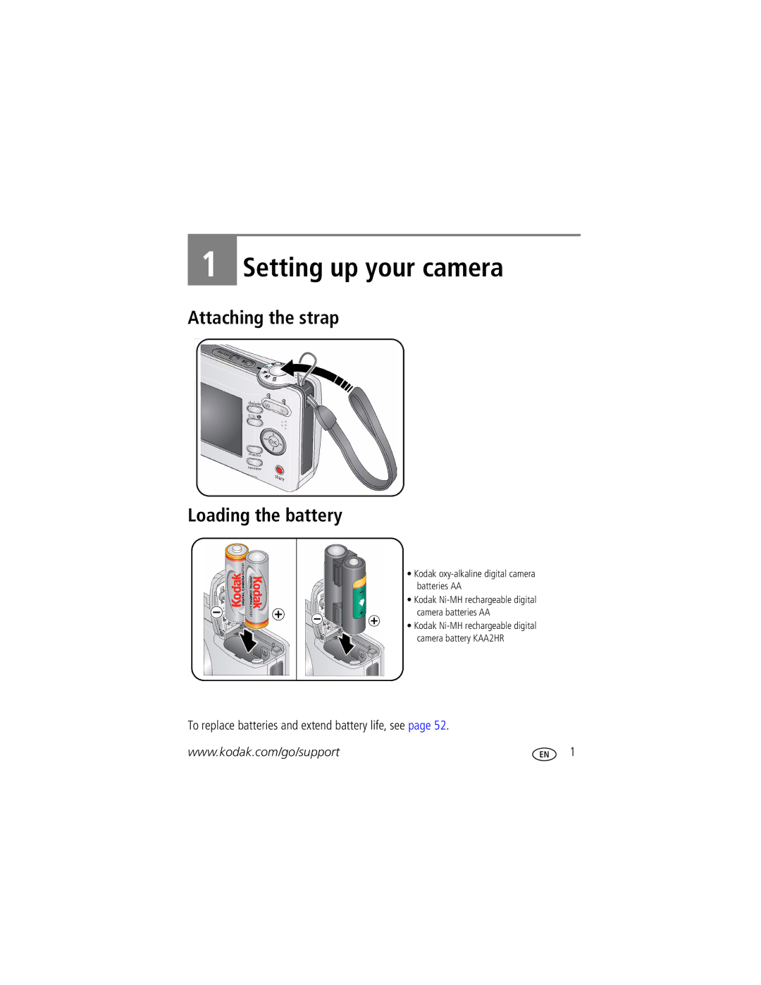 Kodak C613 manual Attaching the strap Loading the battery, To replace batteries and extend battery life, see 