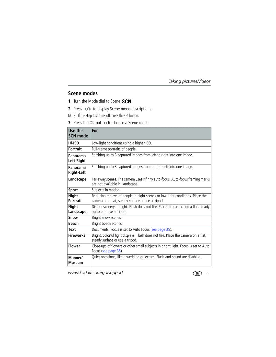 Kodak C653, C623, C623 Scene modes, Turn the Mode dial to Scene, Press the OK button to choose a Scene mode, Use this For 