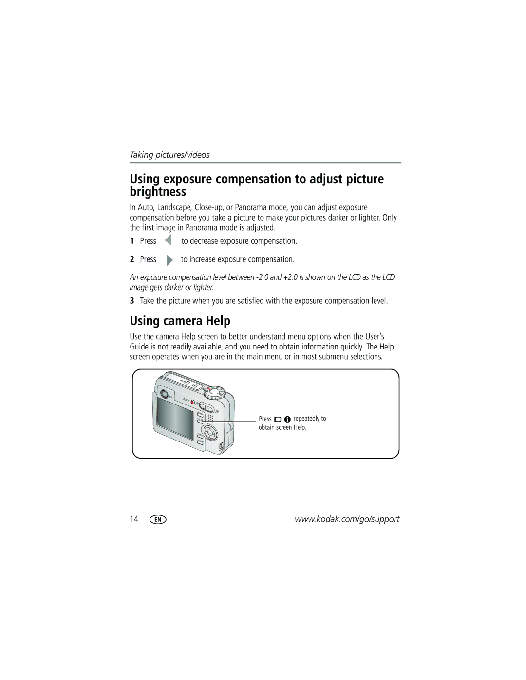 Kodak C623, C623, C653 manual Using exposure compensation to adjust picture brightness, Using camera Help 