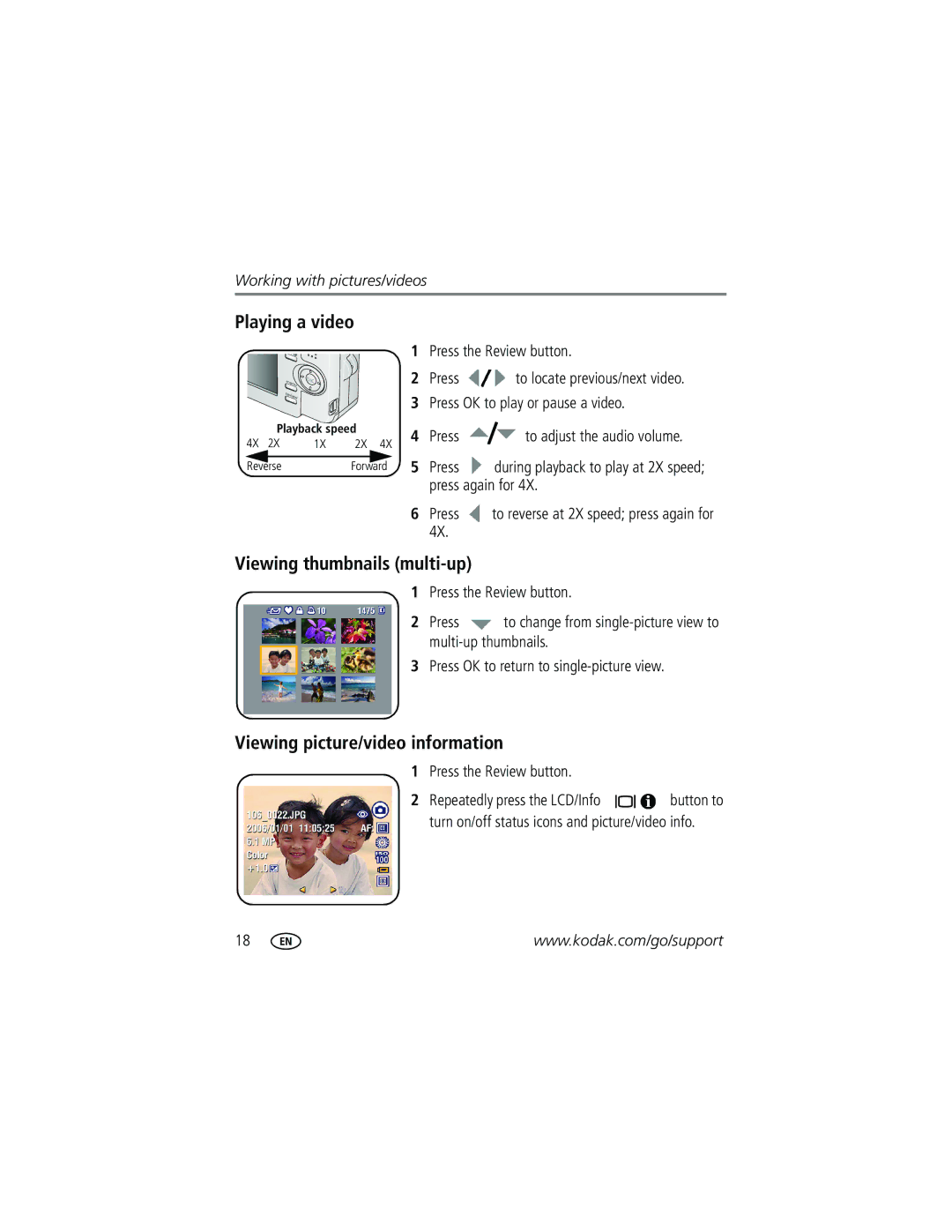 Kodak C623, C623, C653 manual Playing a video, Viewing thumbnails multi-up, Viewing picture/video information 