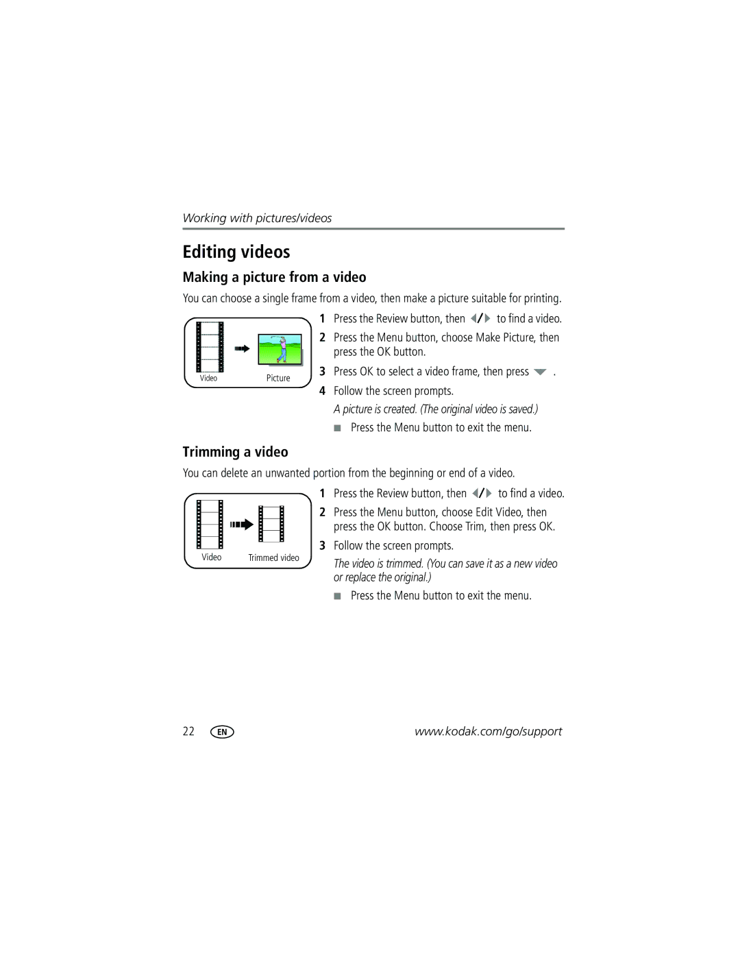 Kodak C623, C623, C653 manual Editing videos, Making a picture from a video, Trimming a video 