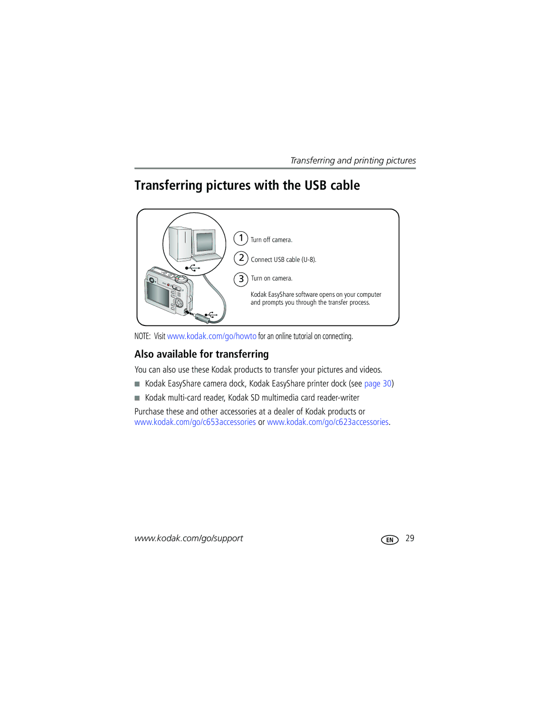 Kodak C653, C623, C623 manual Transferring pictures with the USB cable, Also available for transferring 