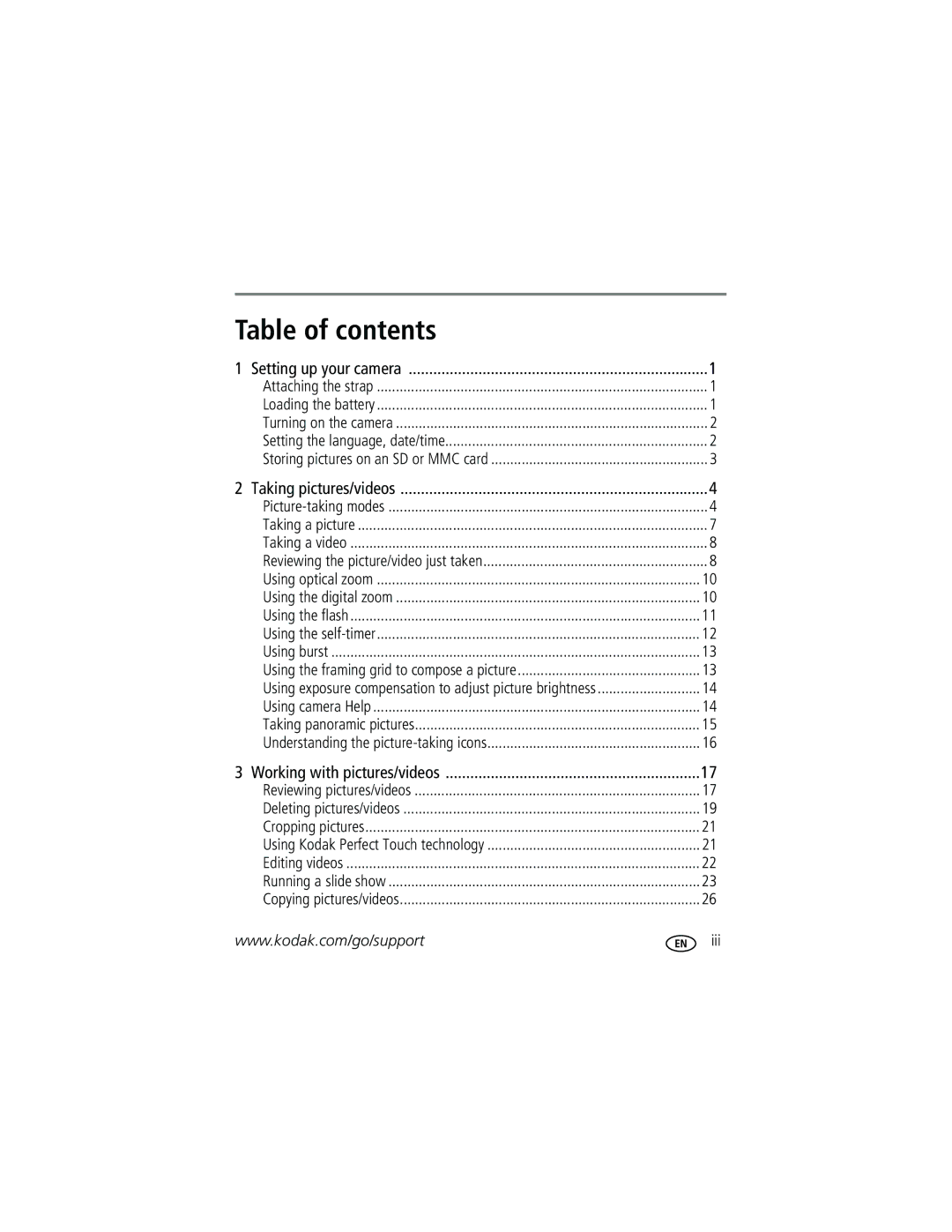 Kodak C653, C623, C623 manual Table of contents 