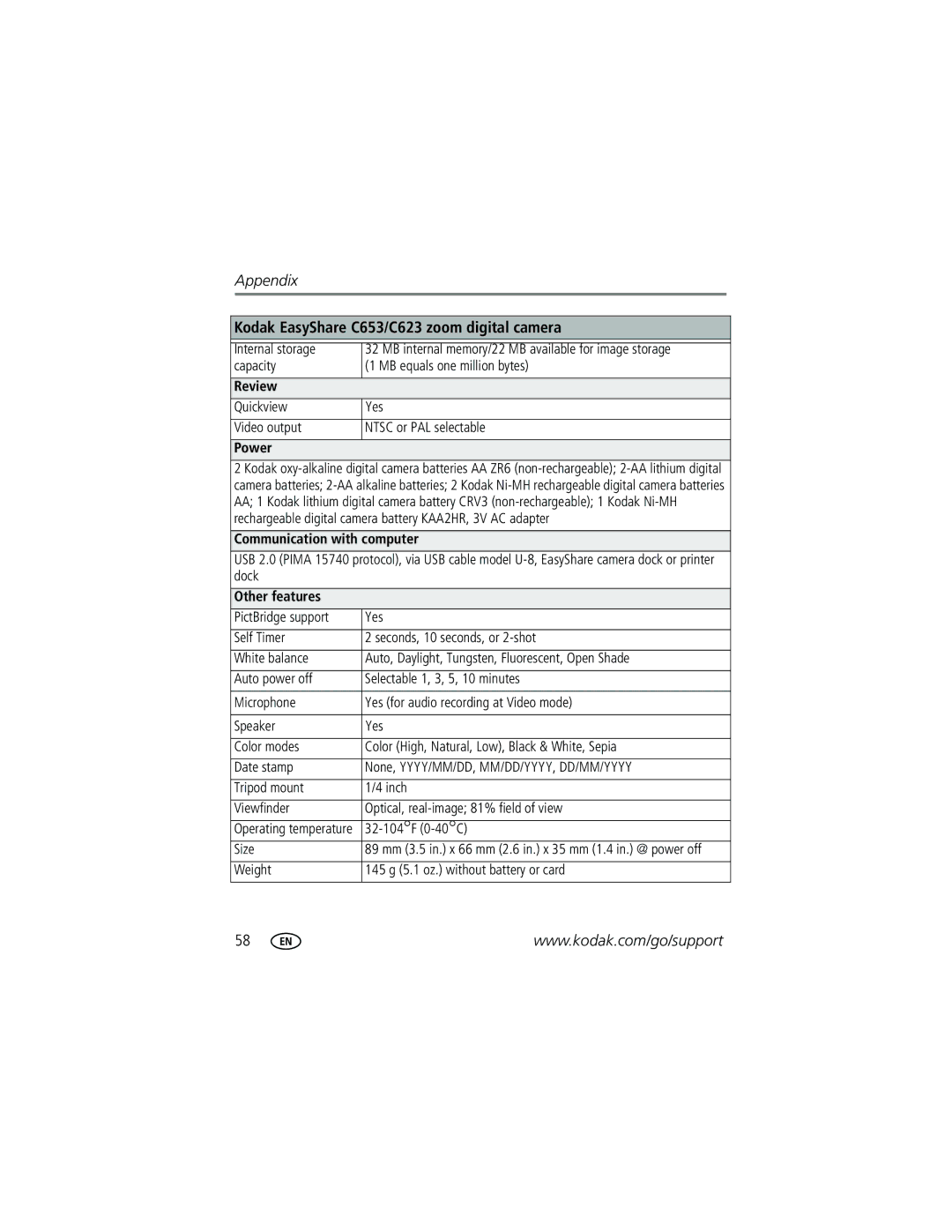 Kodak C623, C623, C653 manual Review, Power, Communication with computer, Other features 