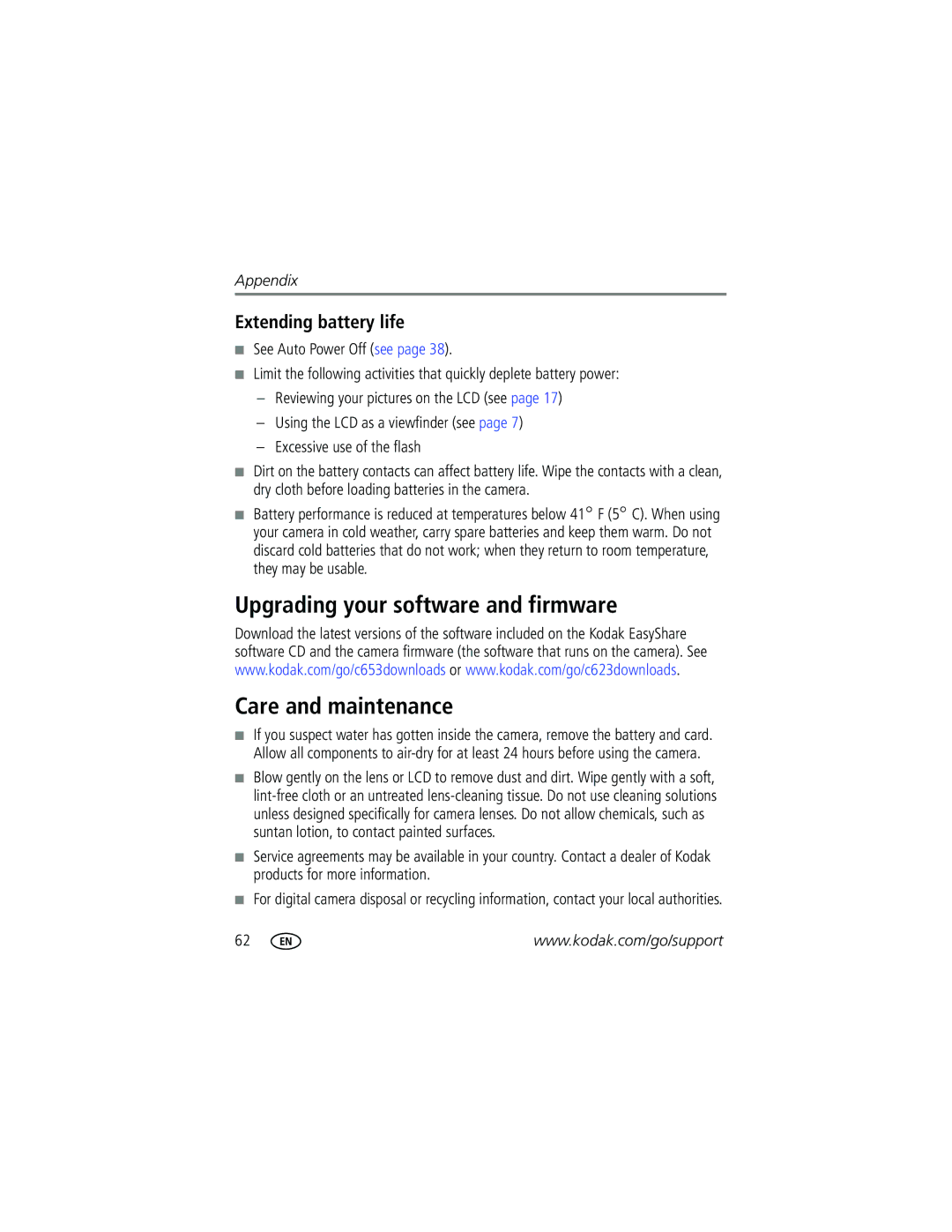 Kodak C623, C623, C653 manual Upgrading your software and firmware Care and maintenance, Extending battery life 