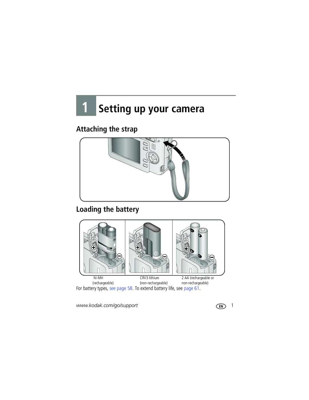 Kodak C653 manual Attaching the strap Loading the battery, For battery types, see page 58. To extend battery life, see 