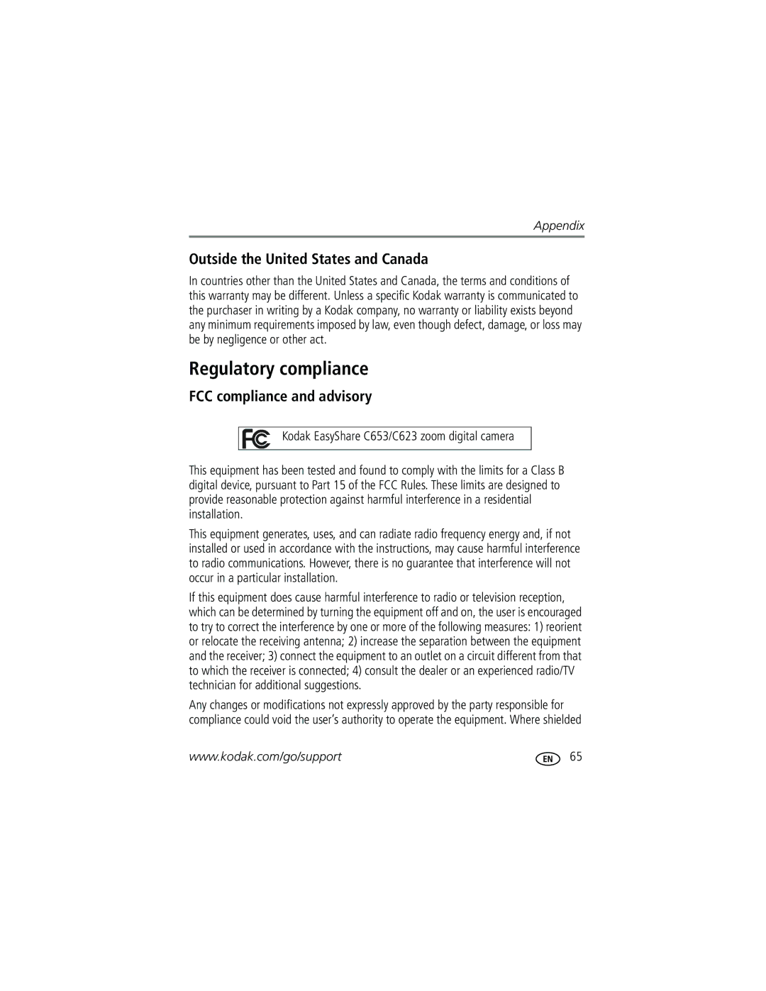 Kodak C653, C623, C623 manual Regulatory compliance, Outside the United States and Canada, FCC compliance and advisory 