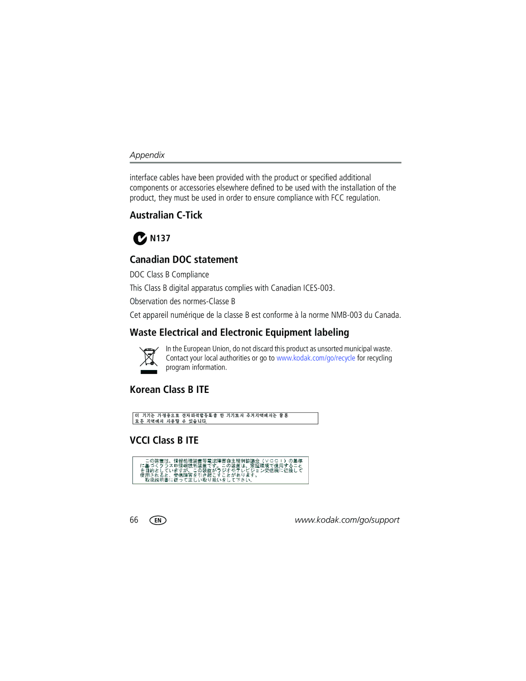 Kodak C623, C623, C653 manual Australian C-Tick, Canadian DOC statement, N137 