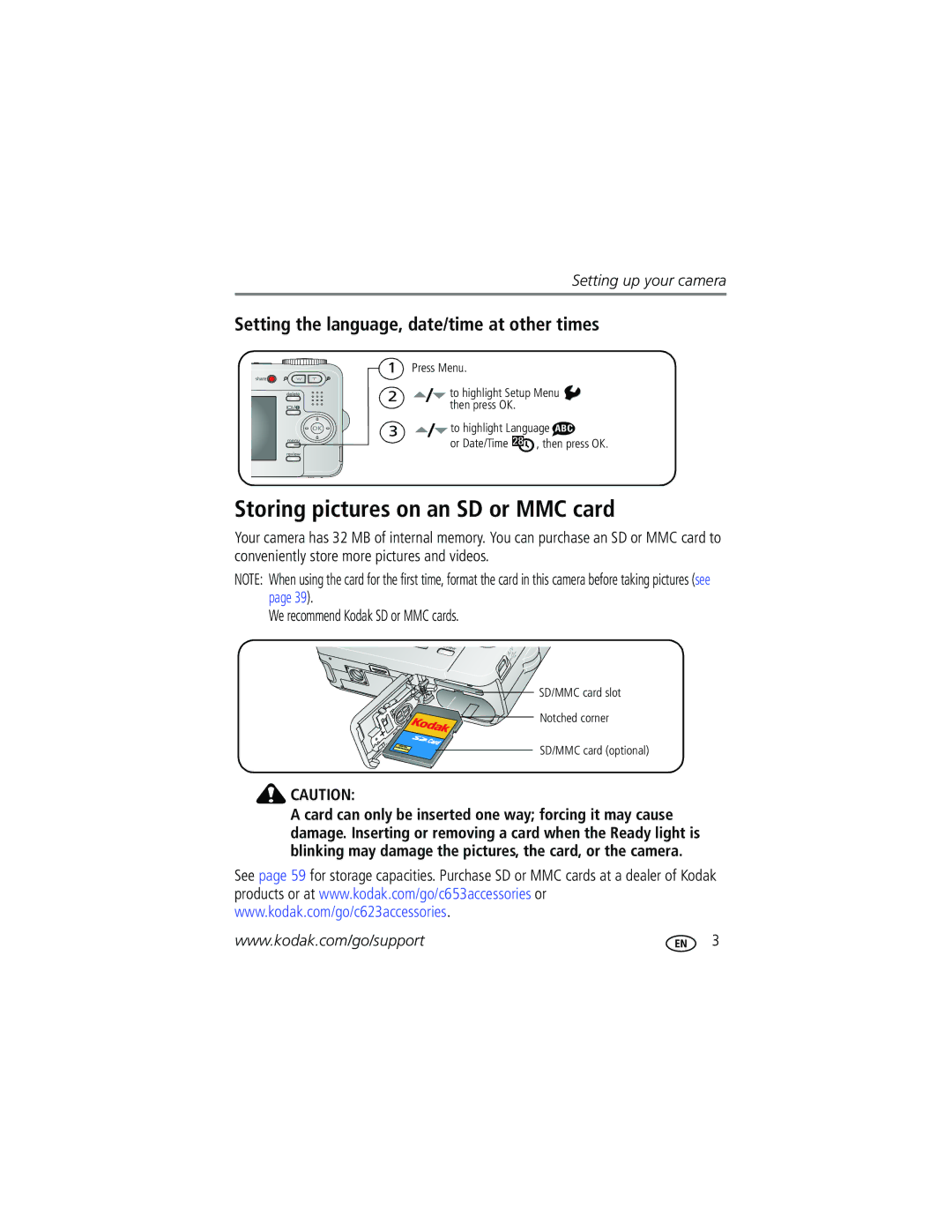 Kodak C653, C623, C623 manual Storing pictures on an SD or MMC card, Setting the language, date/time at other times 