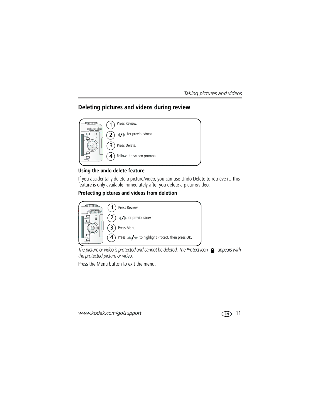 Kodak C633 manual Deleting pictures and videos during review, Using the undo delete feature 