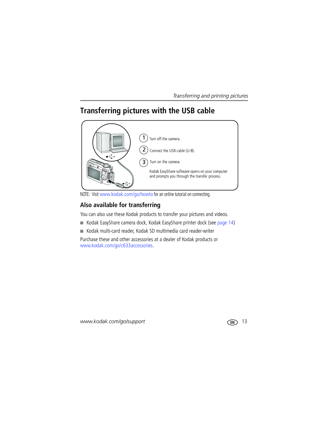 Kodak C633 manual Transferring pictures with the USB cable, Also available for transferring 