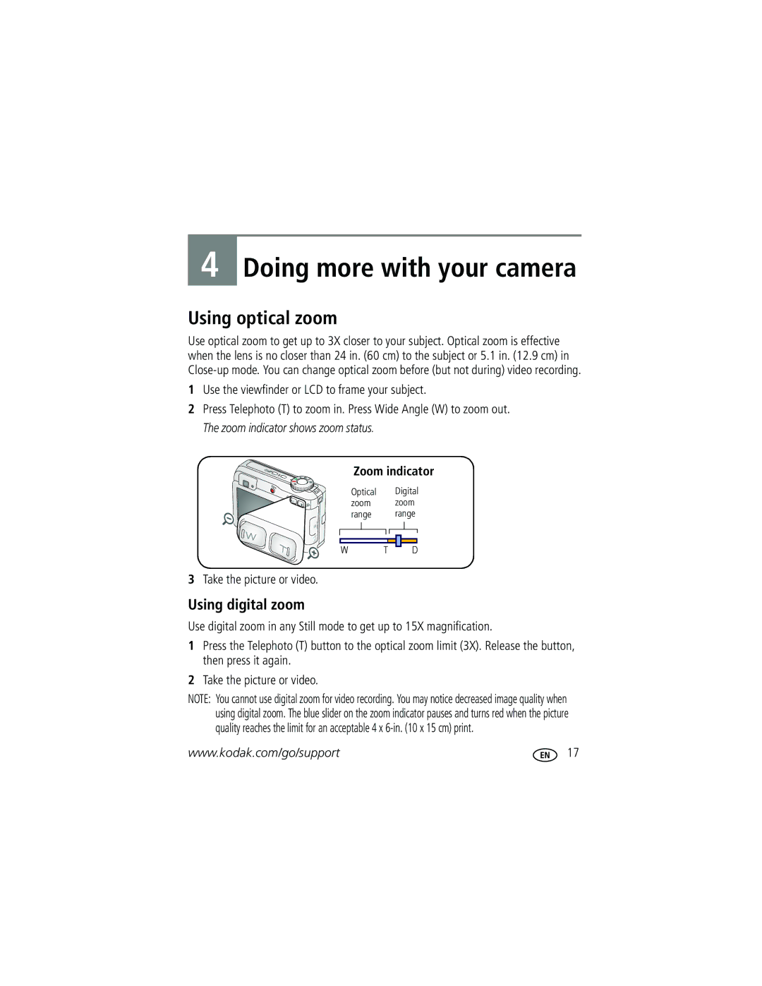 Kodak C633 manual Using optical zoom, Using digital zoom, Use the viewfinder or LCD to frame your subject, Zoom indicator 