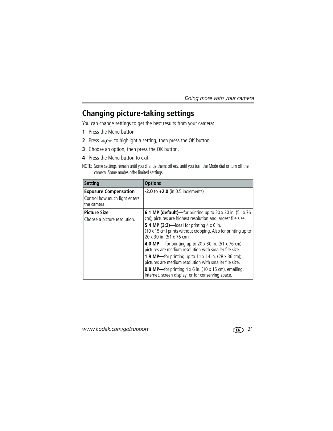 Kodak C633 manual Changing picture-taking settings, Setting Options Exposure Compensation, Picture Size 