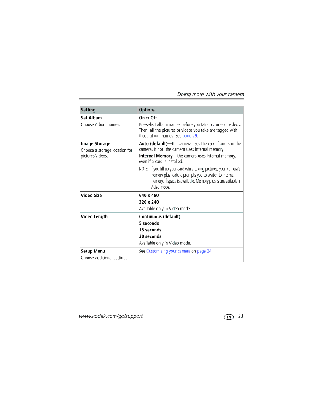 Kodak C633 manual Video mode, Setting Options Set Album On or Off Choose Album names, Those album names. See Image Storage 