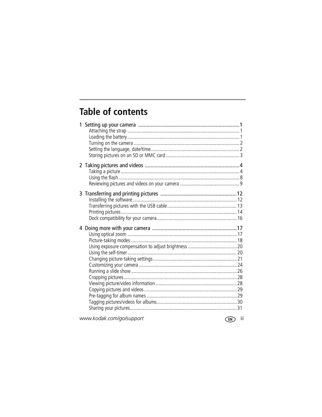 Kodak C633 manual Table of contents 