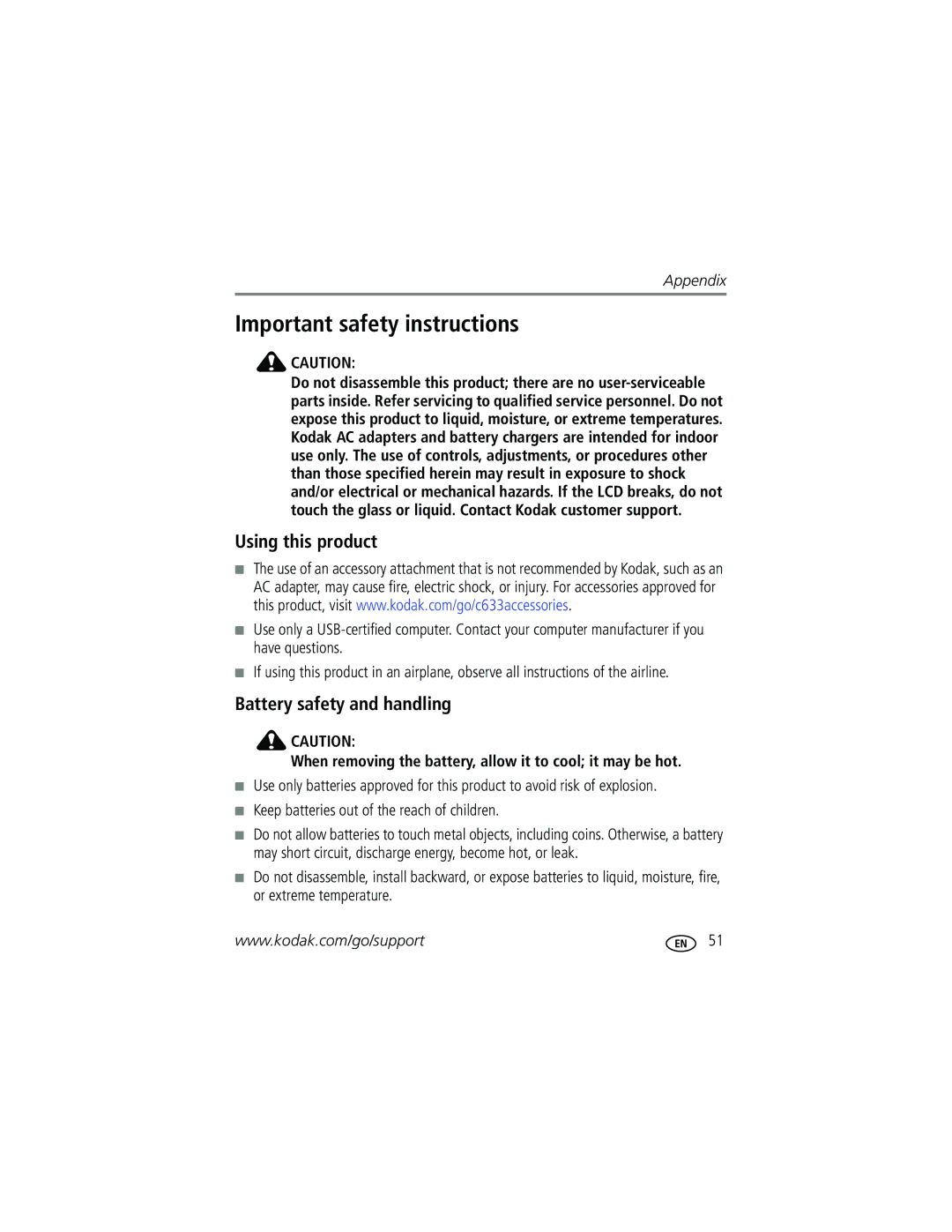 Kodak C633 manual Important safety instructions, Using this product, Battery safety and handling 