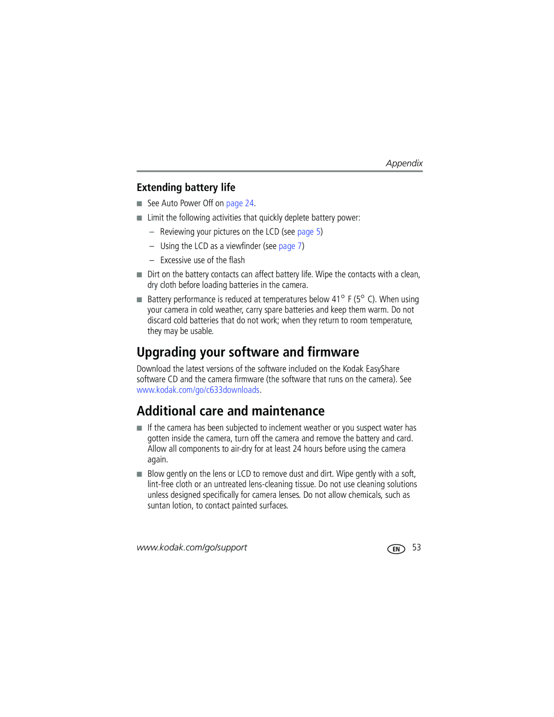 Kodak C633 manual Extending battery life 