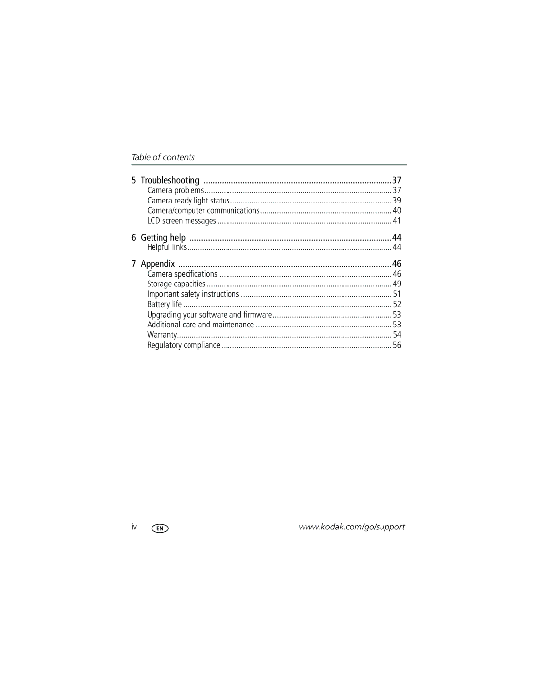 Kodak C633 manual Table of contents 