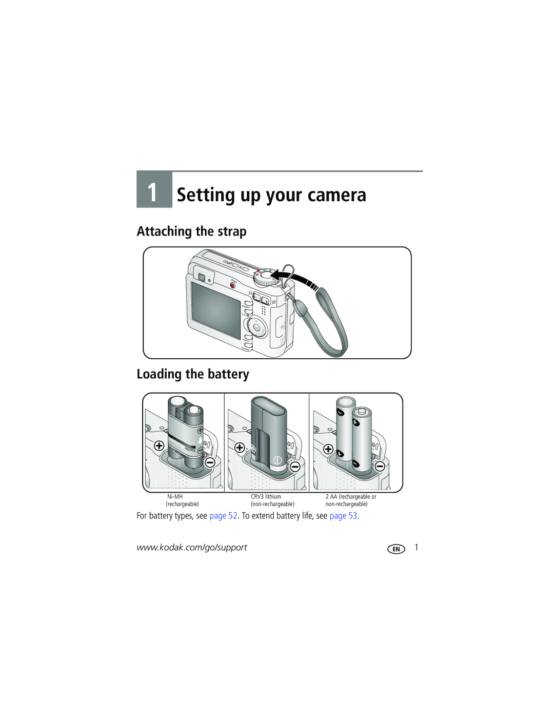 Kodak C633 manual Attaching the strap Loading the battery, For battery types, see page 52. To extend battery life, see 