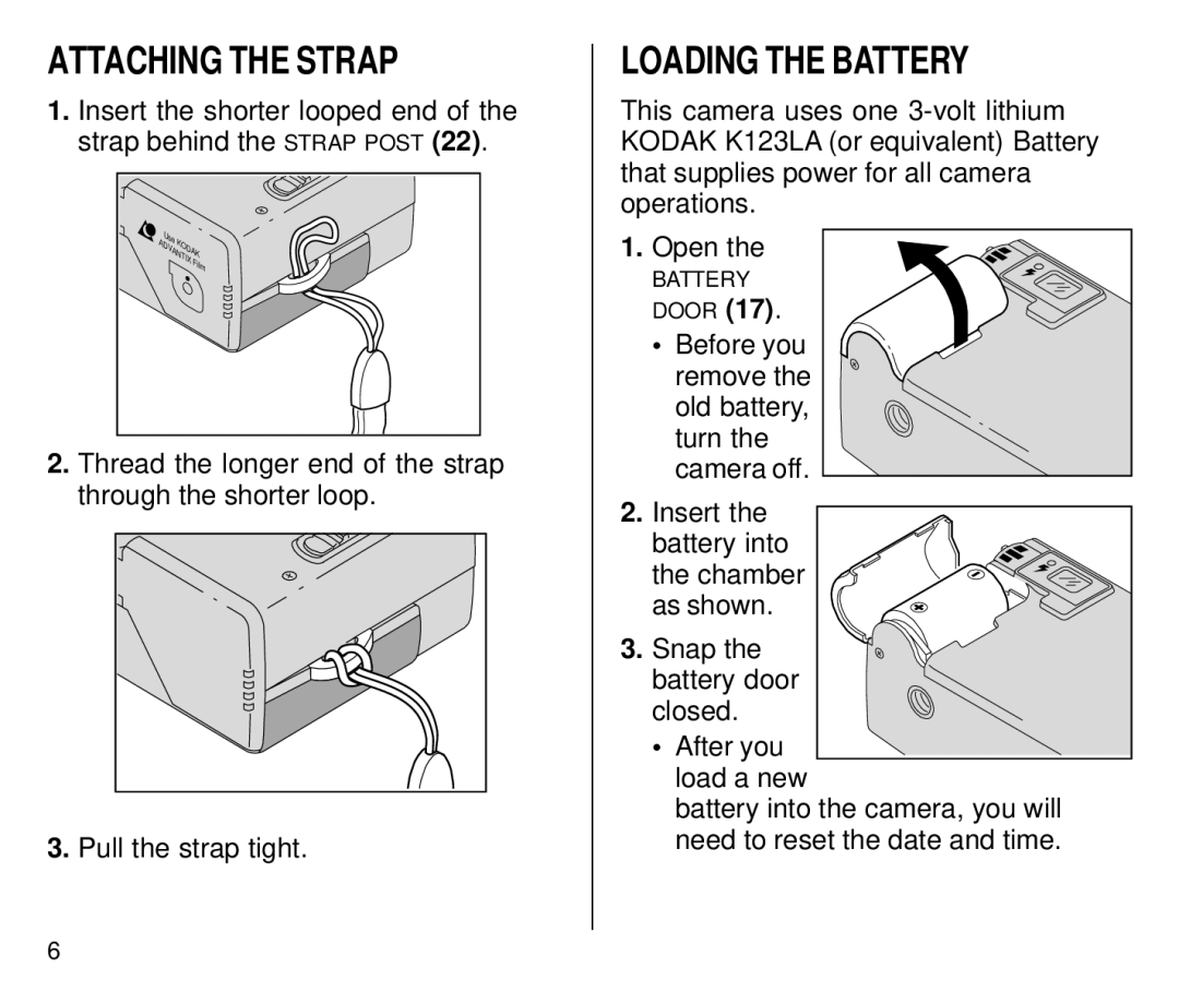 Kodak C650 manual Attaching the Strap, Loading the Battery 