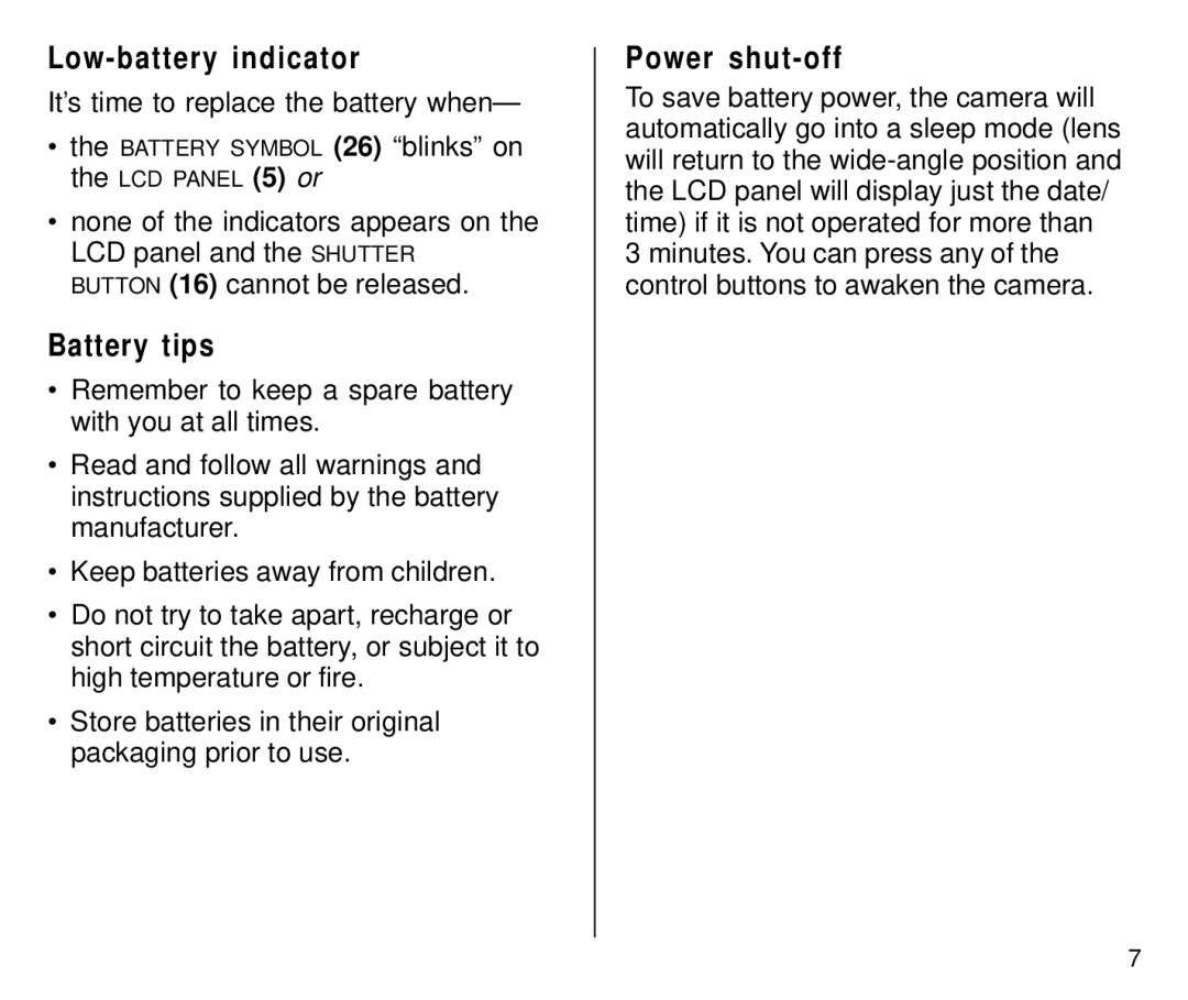 Kodak C650 manual Low-battery indicator, Battery tips, Power shut-off, It’s time to replace the battery when 