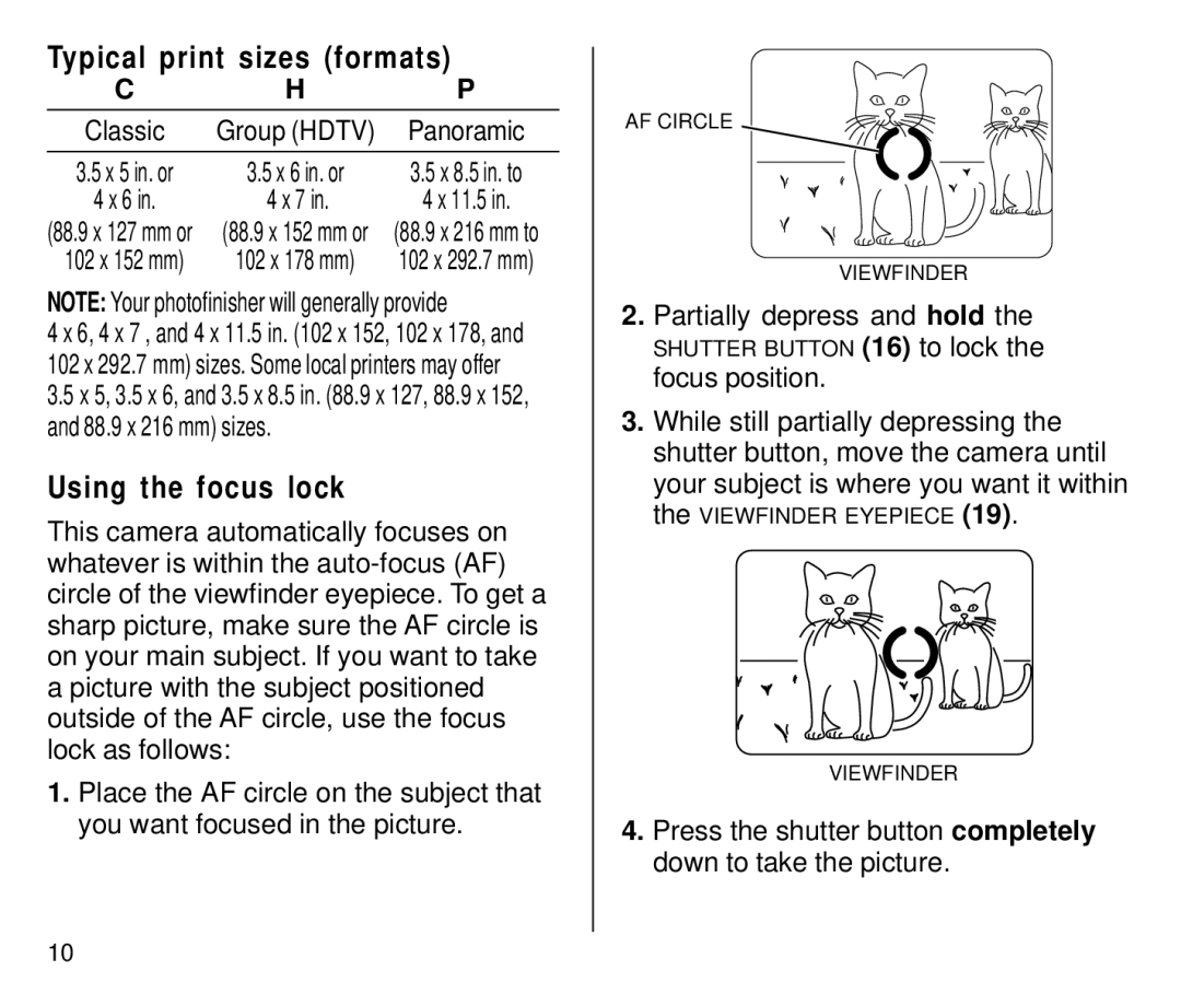 Kodak C650 manual Typical print sizes formats, Using the focus lock, Partially depress and hold 