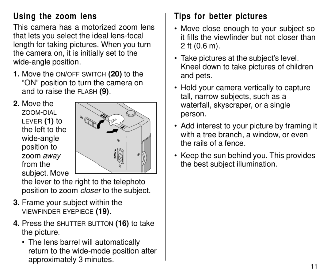 Kodak C650 manual Using the zoom lens, Tips for better pictures, Left to Wide-angle Position to Zoom away 