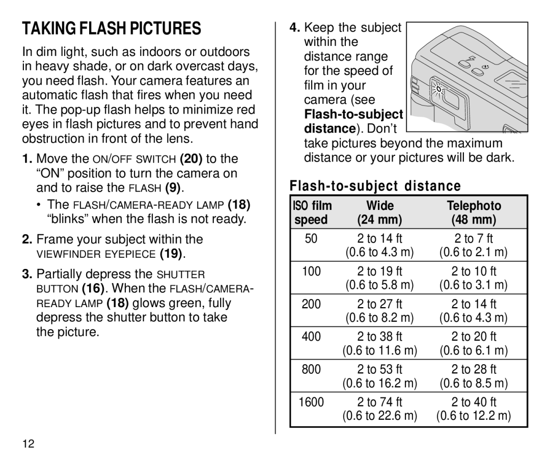 Kodak C650 manual Taking Flash Pictures, Flash-to-subject distance, Partially depress the Shutter, Wide Telephoto 