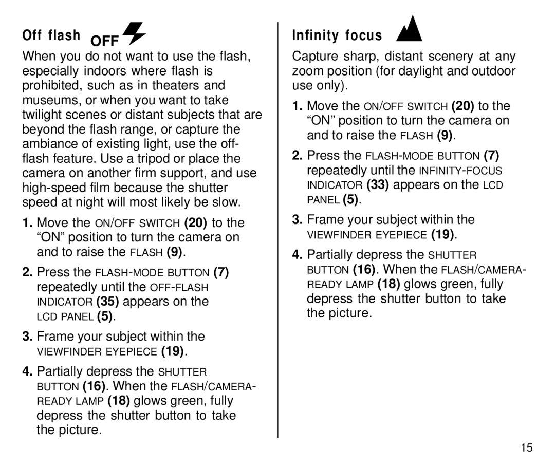 Kodak C650 manual Off flash OFF, Infinity focus, Indicator 35 appears on 