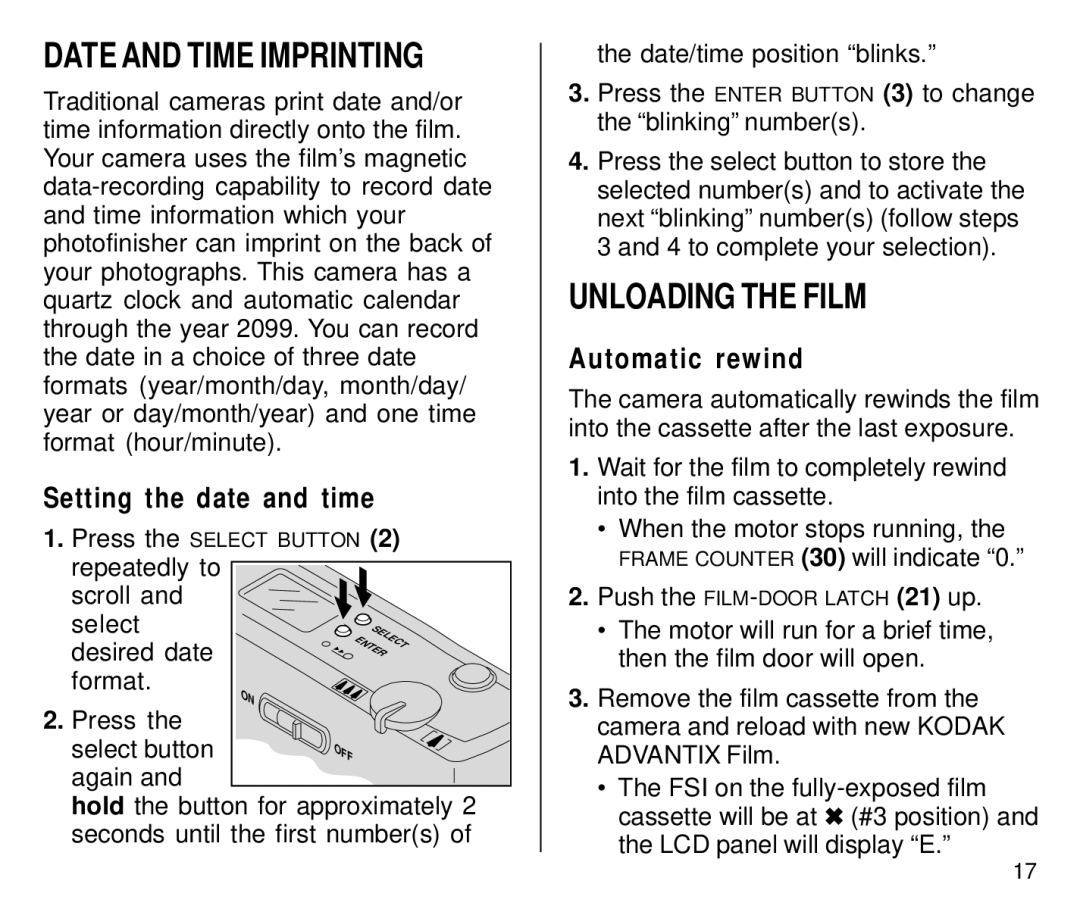 Kodak C650 manual Date and Time Imprinting, Unloading the Film, Setting the date and time, Automatic rewind 