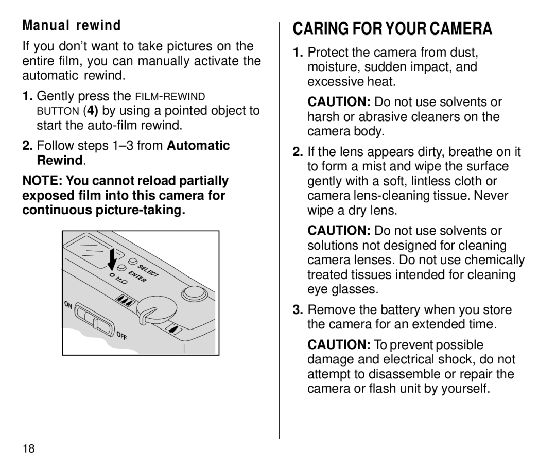 Kodak C650 manual Caring for Your Camera, Manual rewind 