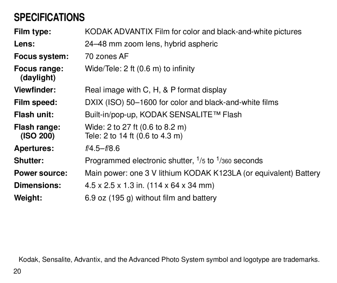 Kodak C650 manual Specifications 