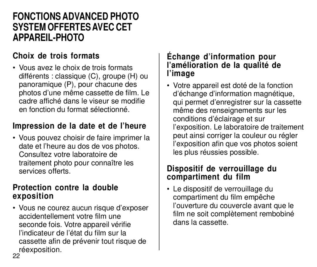 Kodak C650 manual Choix de trois formats, Impression de la date et de l’heure, Protection contre la double exposition 