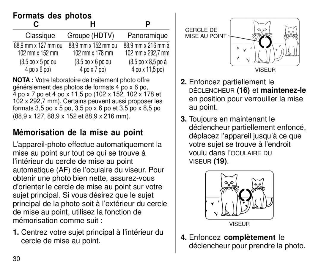 Kodak C650 manual Formats des photos, Mémorisation de la mise au point, Enfoncez complètement le 