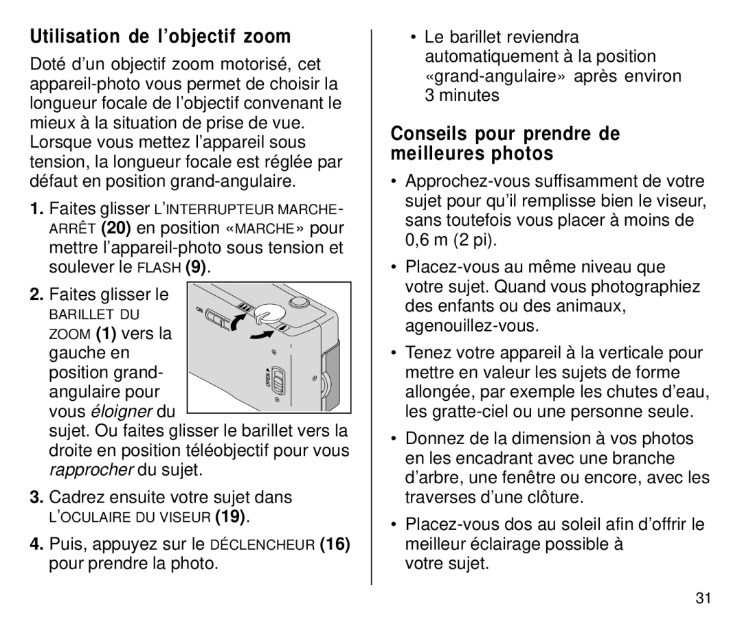 Kodak C650 manual Utilisation de l’objectif zoom, Conseils pour prendre de meilleures photos, Angulaire pour 