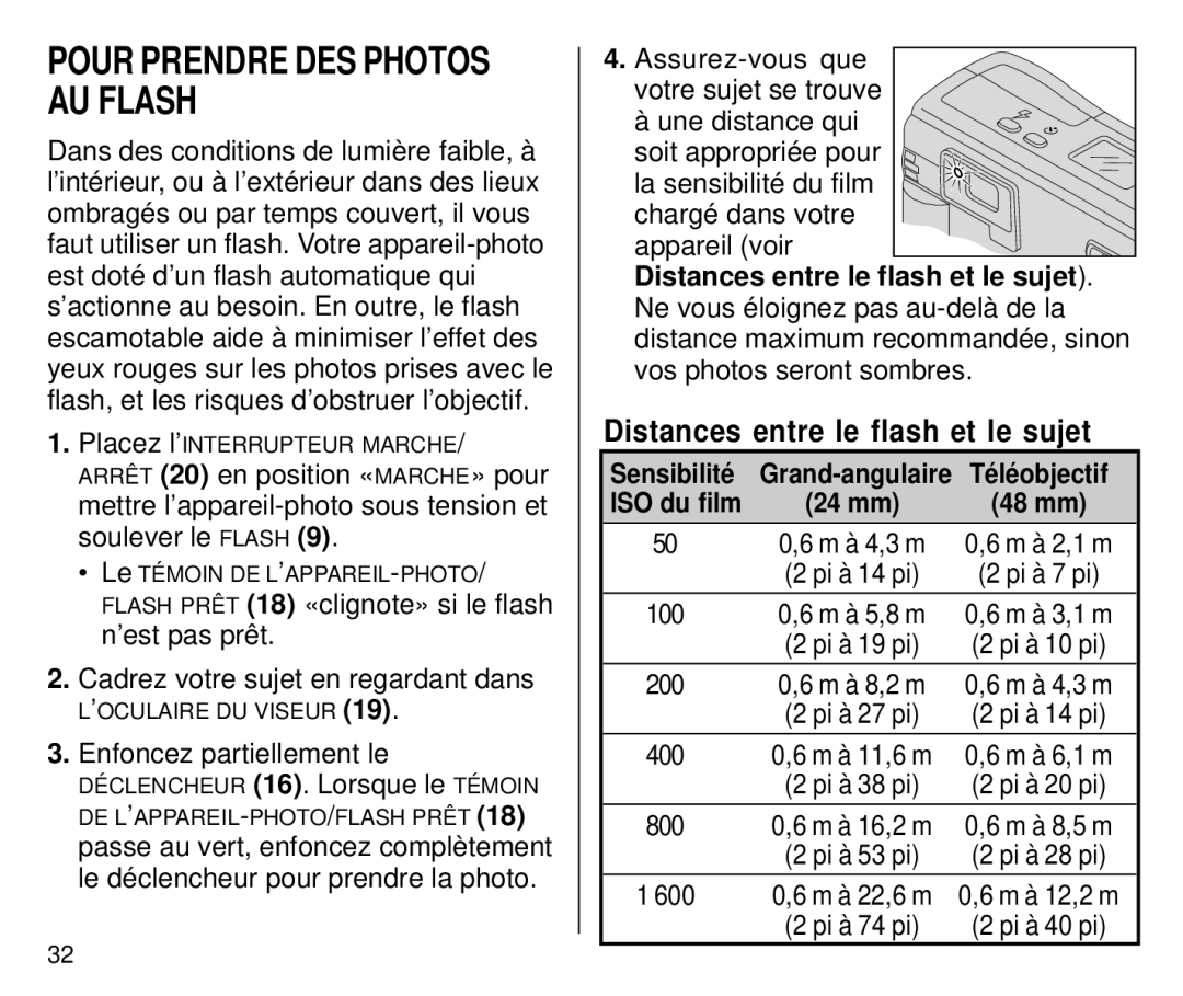 Kodak C650 manual Pour Prendre DES Photos AU Flash, Distances entre le flash et le sujet, Sensibilité, ISO du film 