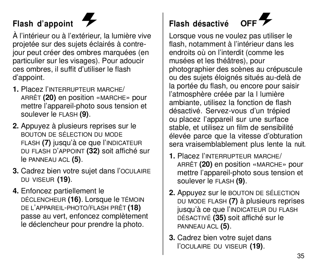 Kodak C650 manual Flash d’appoint, Flash désactivé OFF 