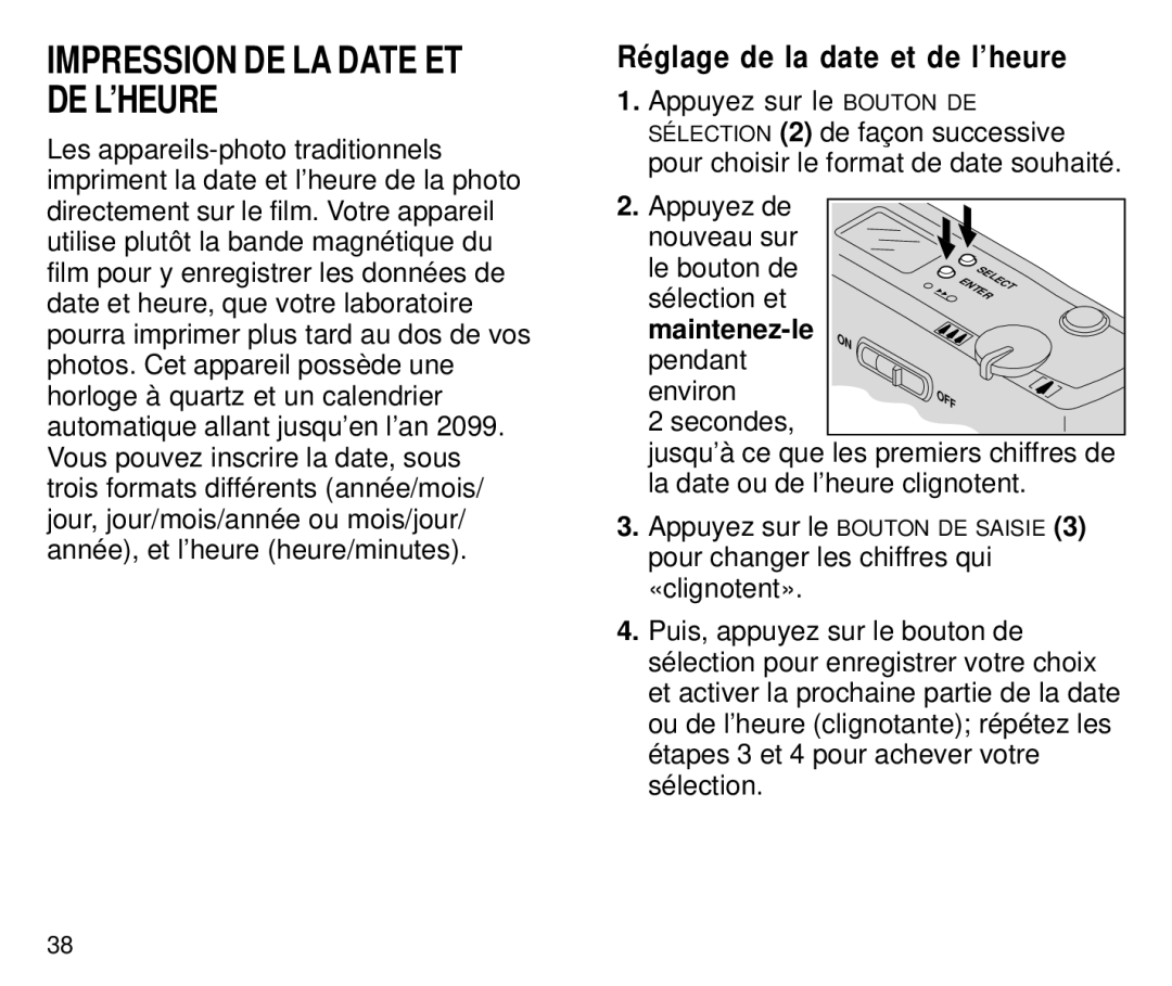 Kodak C650 manual Impression DE LA Date ET DE L’HEURE, Réglage de la date et de l’heure, Maintenez-le 